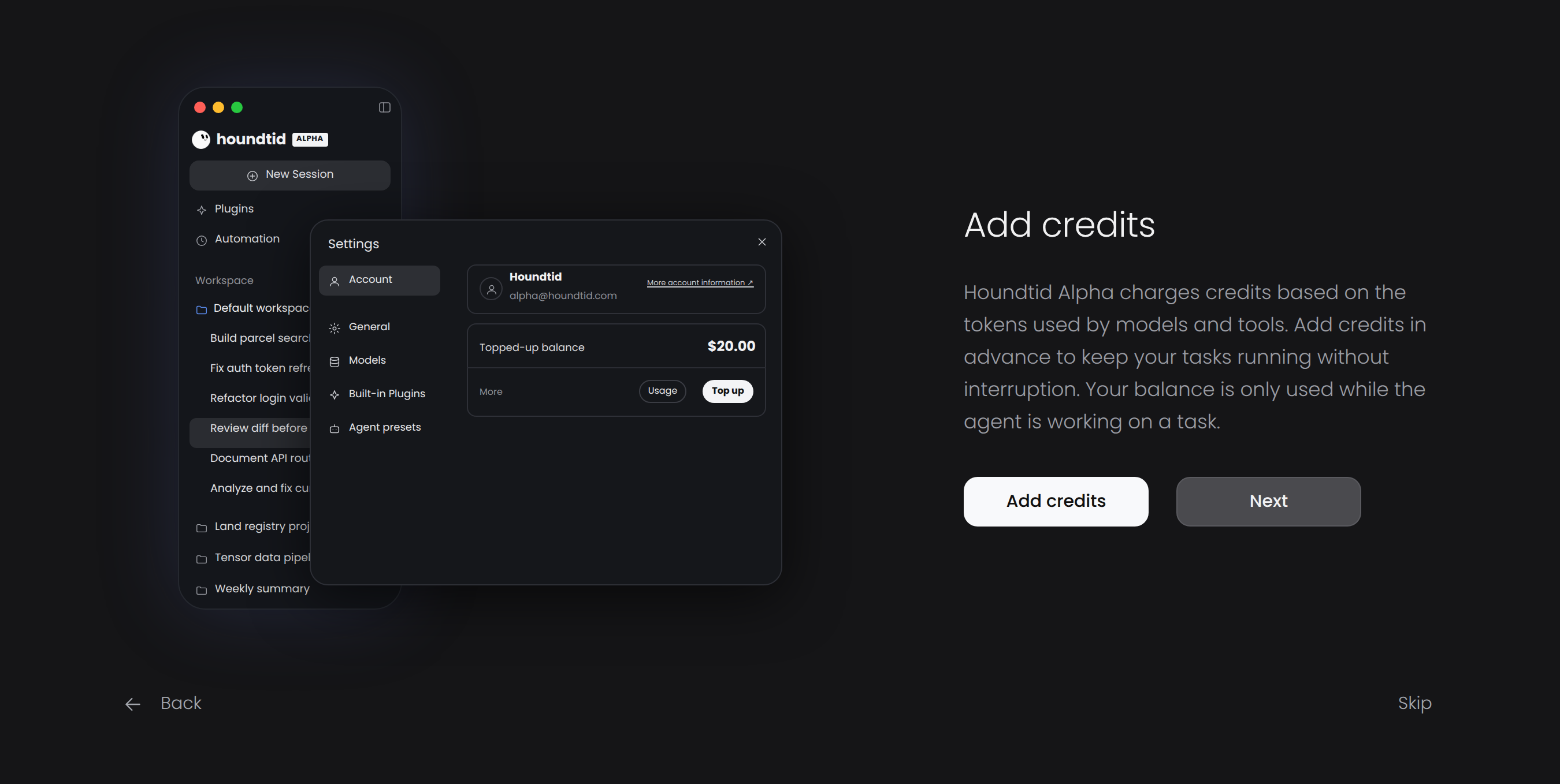 Houndtid Alpha credits and usage settings